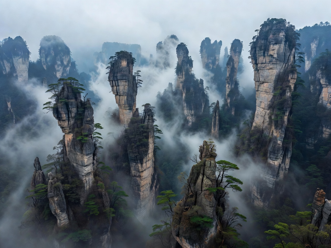 Distant view of misty vertical quartz sandstone pillars at Zhangjiajie National Forest Park