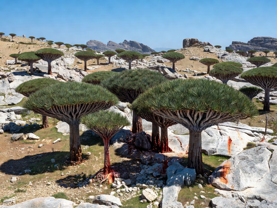 Surreal Dragon Blood trees on Socotra Archipelago Island