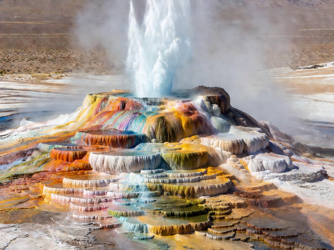 Fly Geyser erupting scalding geothermal water with rainbow travertine terraces