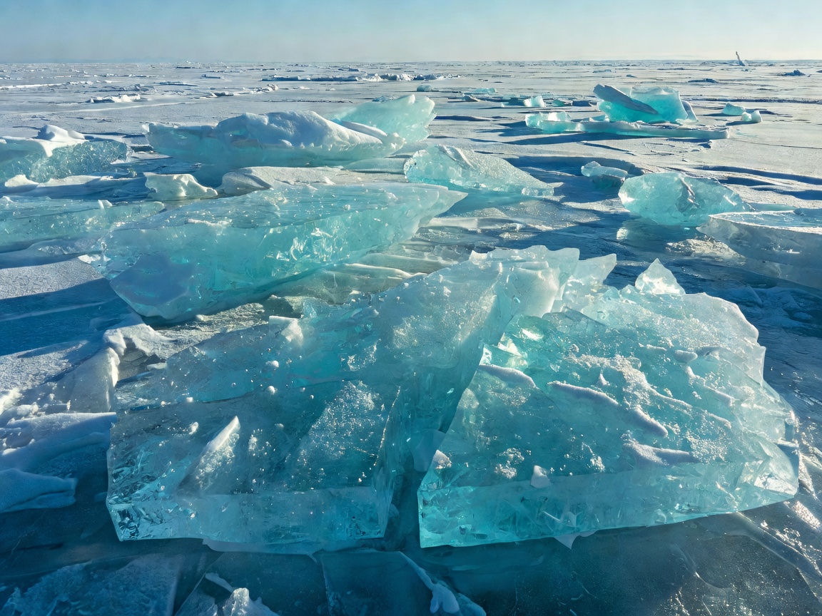 Lake Baikal crystal turquoise ice hummocks shimmering in Siberian winter daylight