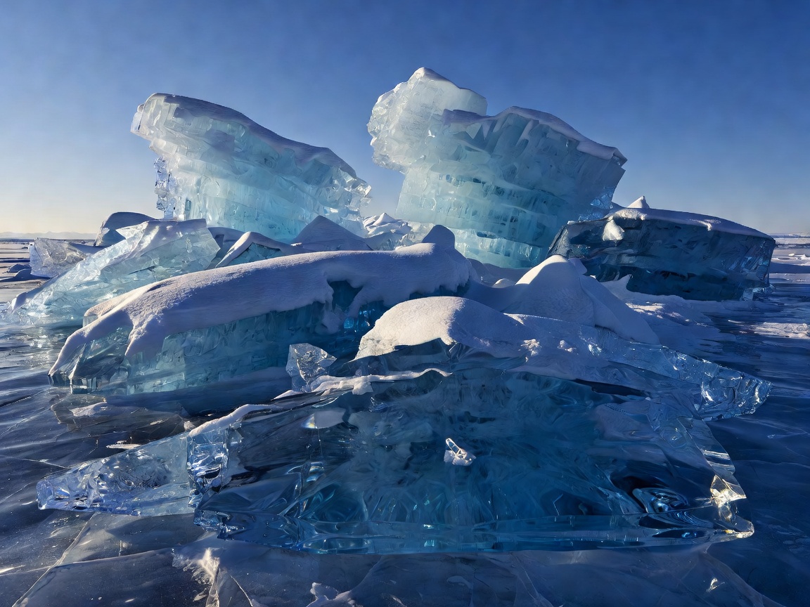 Transparent blue ice caves and frozen methane bubbles on Lake Baikal