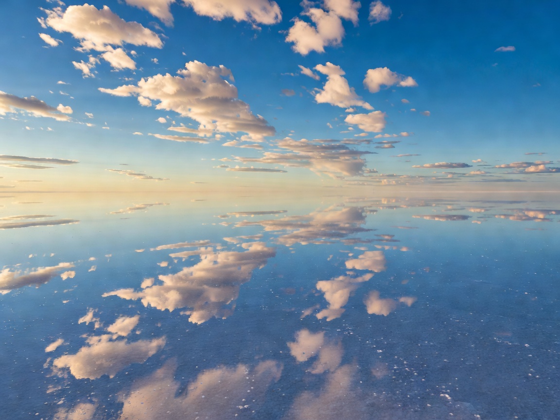 Salar de Uyuni specular reflection showing sky and clouds reflecting perfectly on ground surface