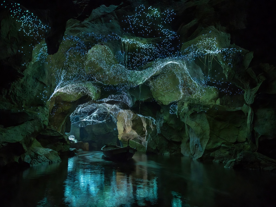 Subterranean cave river in Waitomo filled with thousands of bioluminescent glowworms on ceiling