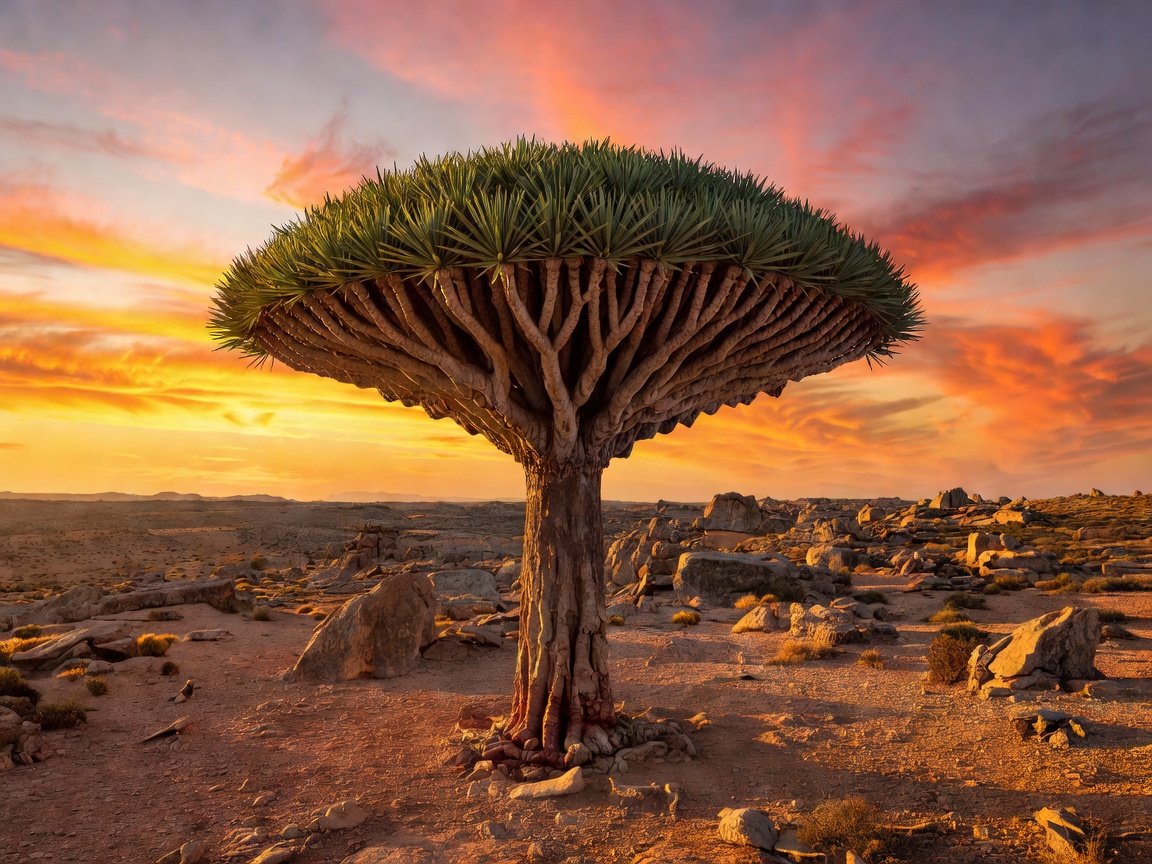 Umbrella shaped Dragon Blood Tree standing against sunset sky on Socotra plateau