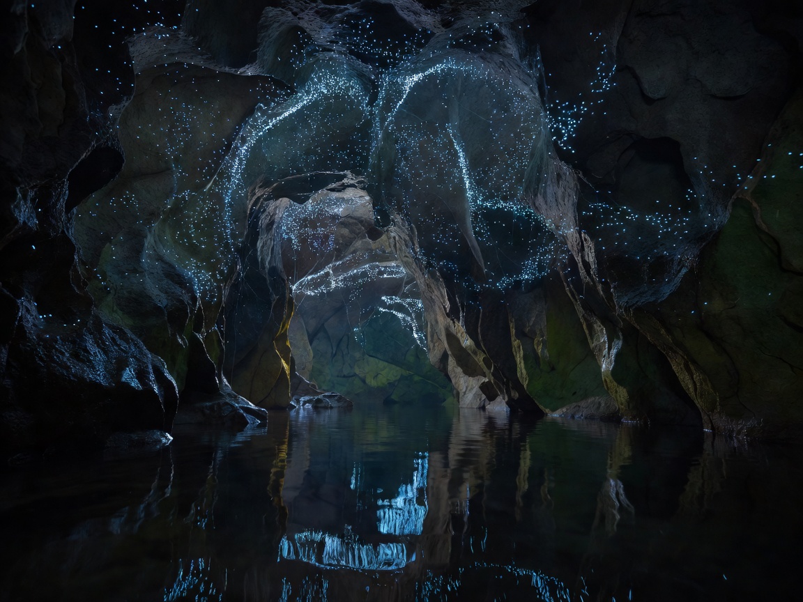 Underground cave ceiling illuminated by thousands of glowing glowworms