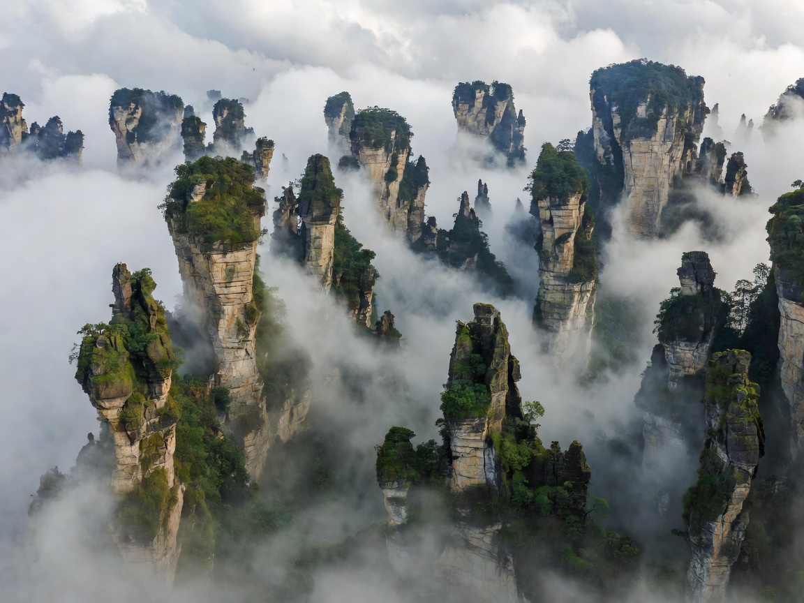 Towering quartz sandstone pillars in Zhangjiajie National Forest Park
